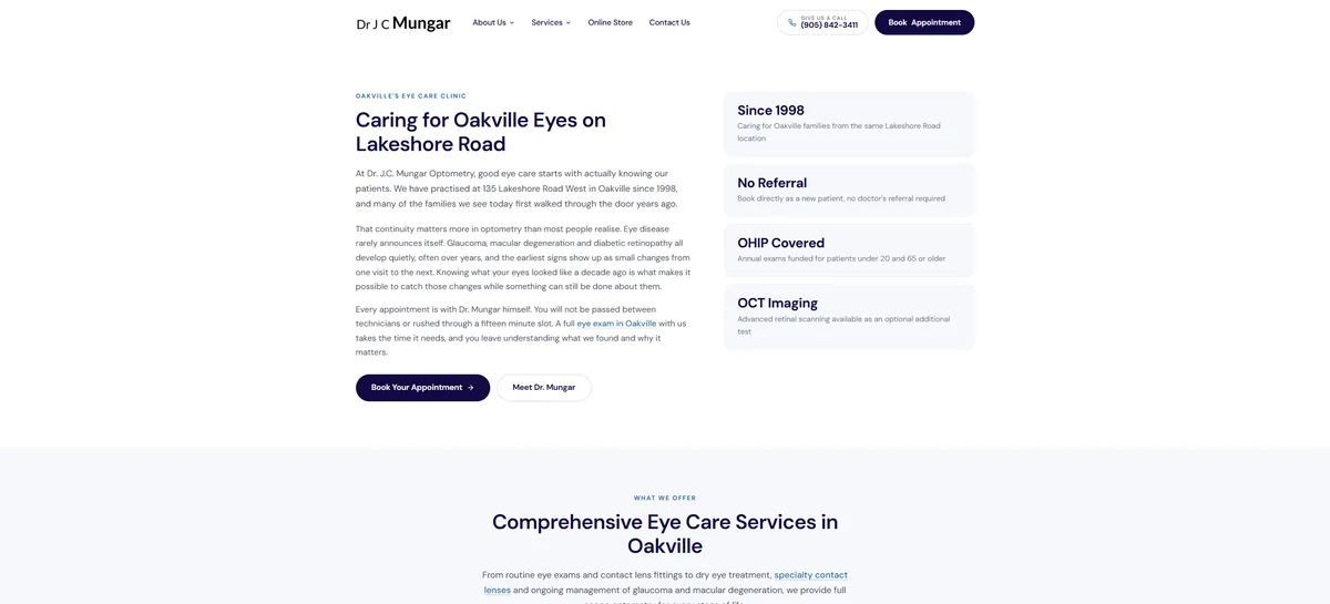Oakville web design project for Dr J C Mungar optometry
