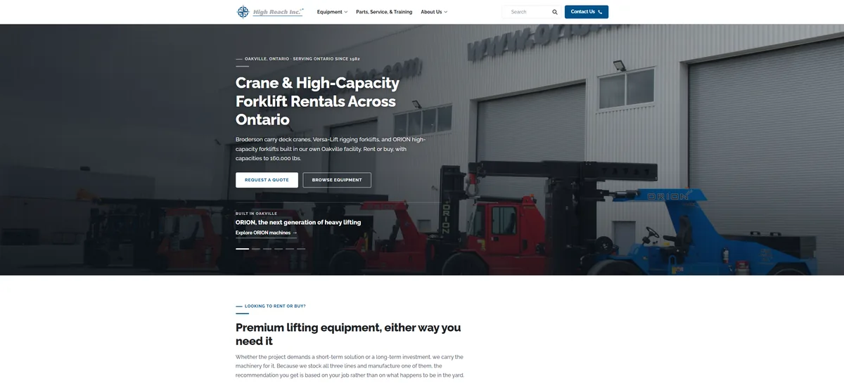 Oakville web design project for High Reach Inc equipment rental