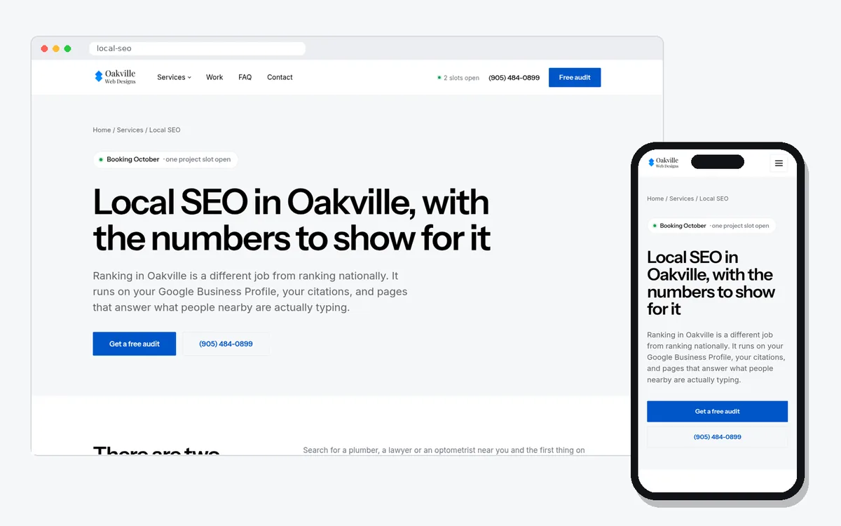 The Oakville Web Designs Local SEO in Oakville service page, headlined 'Local SEO in Oakville, with the numbers to show for it', shown on a desktop browser and a phone.