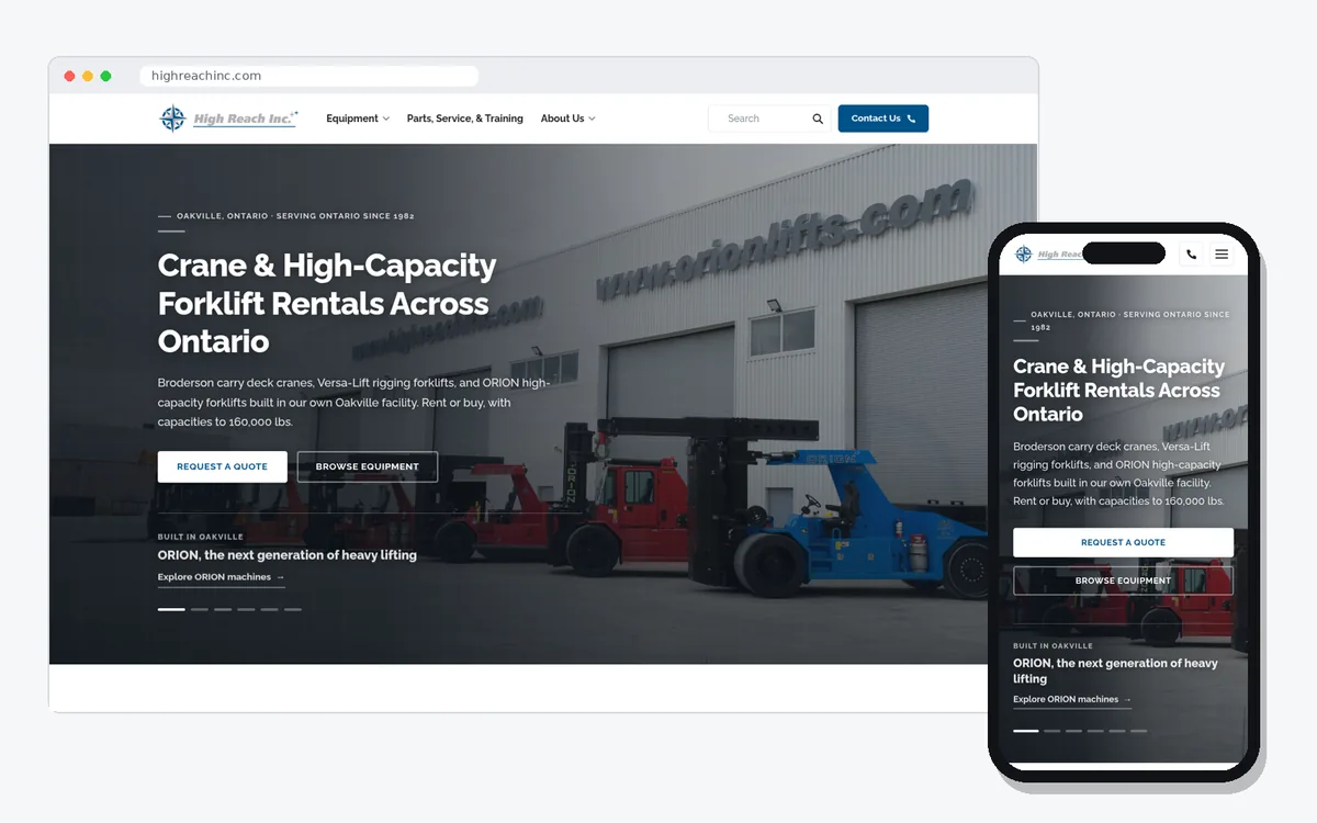 High Reach Inc. website, an Oakville equipment rental company site built by Oakville Web Designs, shown on a desktop browser and a phone.