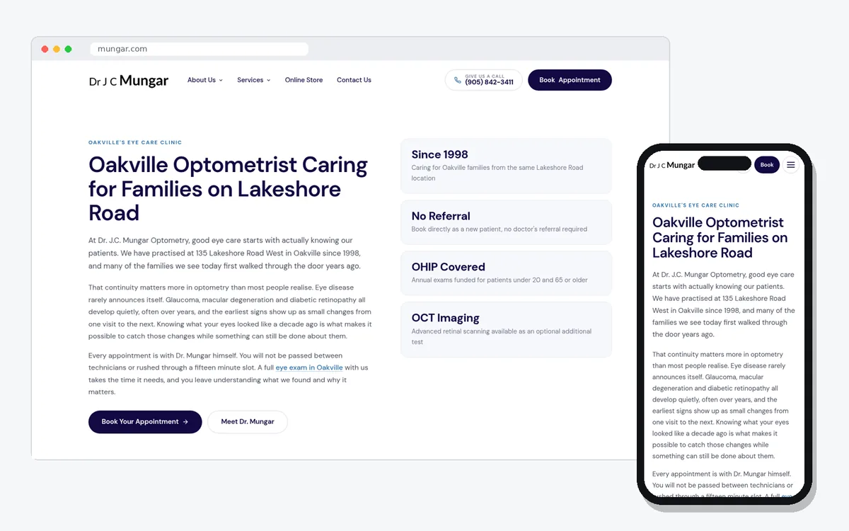 Dr. J.C. Mungar Optometry website, an Oakville build by Oakville Web Designs, shown on a desktop browser and a phone.