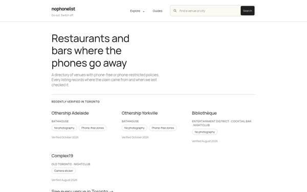 NoPhoneList homepage: directory of phone-free restaurants and bars